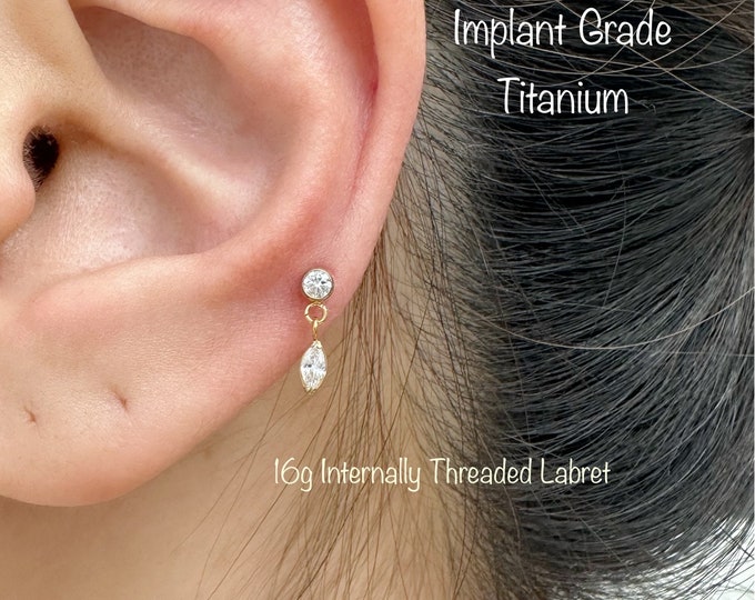 16g Bezel CZ with Marquise Dangle Implant Grade Titanium Internally Threaded Labret for Cartilage, Tragus, Helix