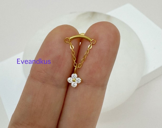 Curved Bar with Flower CZ Dangle 316L Surgical Steel Push-In Threadless Labret, Helix, Cartilage, Flat piercing