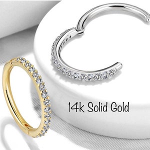 14k Solid Gold CZ Clicker Hoop: 16g Hinged Segment Ring