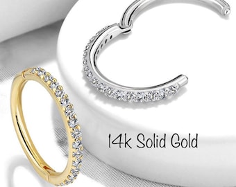 14k Solid Gold CZ Clicker Hoop: 16g Hinged Segment Ring