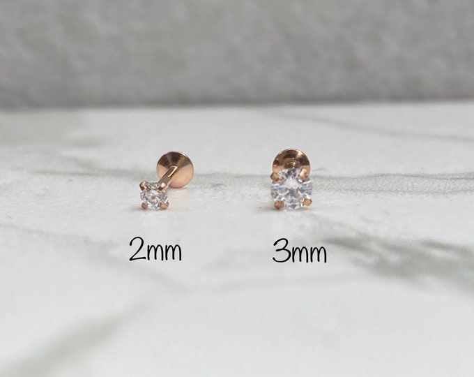 Tiny CZ Rose Gold Labret, 2mm/3mm Push In Prong Set Labret, 20GA 18 GA 16GA Tragus Cartilage Helix Lip Nose Piercings