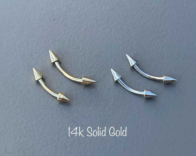 16g Spike End Eyebrow Curve Ring 14 Karat Solid Gold