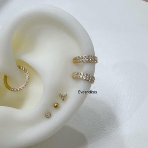 May include: Gold-toned ear piercings, including a hinged hoop, double-banded ear cuffs, and stud earrings. The studs include a small round diamond, a gold ball, and a triangle shape. The jewelry is set with clear, sparkling stones.