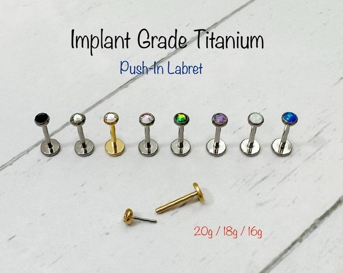 20g 18g 16g Flat Bezel Set CZ Implant Grade Titanium Push-In Labret, Hypoallergenic - Grade23 Titanium