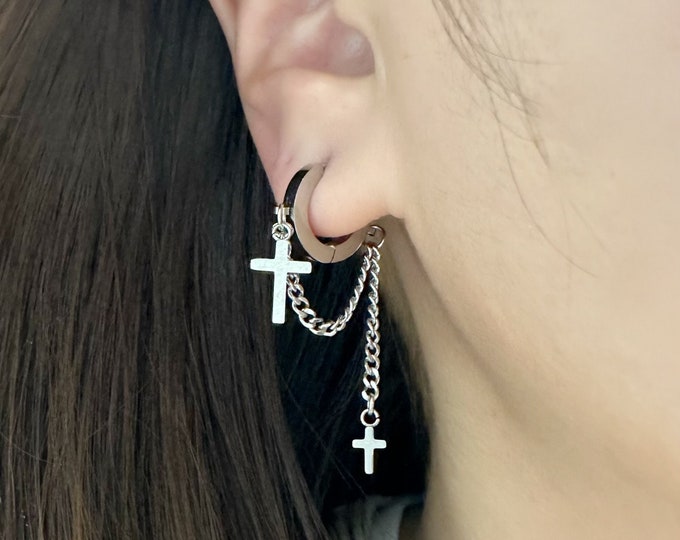 Chain Layered with Cross Dangle Hoop, 316L Surgical Steel Hoop, Hypoallergenic