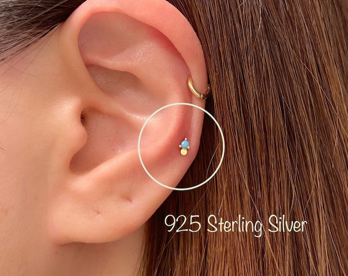 Tiny Dot and Turquoise CZ piercing (Single), 925 Sterling Silver dot and cz stud cartilage helix tragus conch piercing