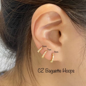 CZ Baguette hoop (Single or Pair), 14k Gold PLT over 925 Sterling Silver Huggie Hoops 6mm/7mm/8mm - Hypoallergenic/Nickel Free