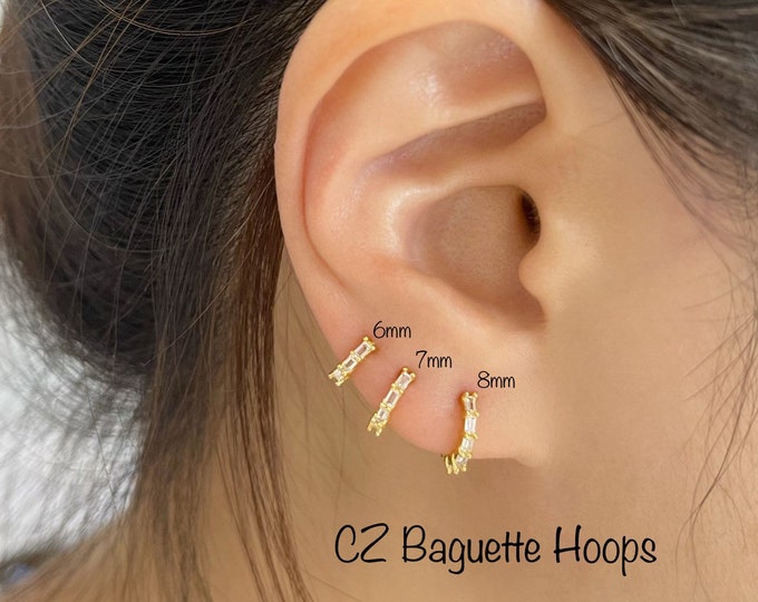 CZ Baguette hoop (Single or Pair), 14k Gold PLT over 925 Sterling Silver Huggie Hoops 6mm/7mm/8mm - Hypoallergenic/Nickel Free