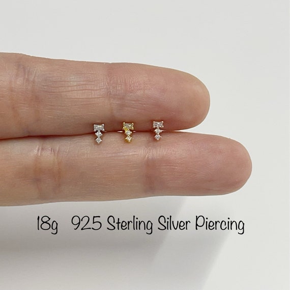 Tiny Baguette With Twin CZ Piercing (single), 925 Sterling