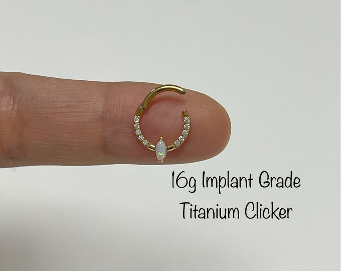 16g 8mm/10mm Implant Grade Titanium Hinged Segment Hoop Rings with Marquise Opal Center, Septum, Daith clicker