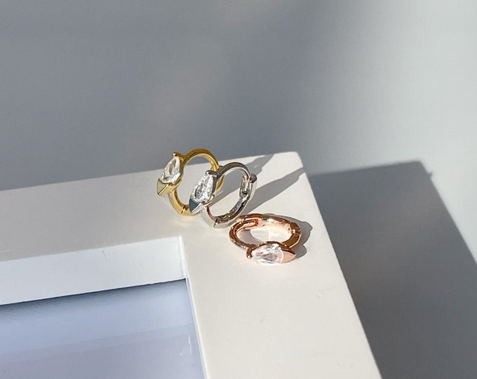Teardrop CZ Hoop Cartilage (Single), 925 Sterling Silver Mini Huggie hoop, Tiny Cartilage, Helix, Tragus, Rook