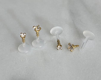 16G 2mm 3mm CZ Gold Prong Set BioFlex Push In Labret, 16GA Tragus Cartilage Helix Lip Nose