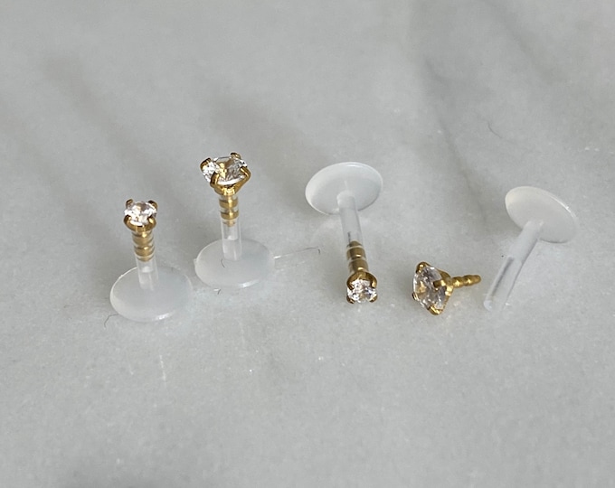 16G 2mm 3mm CZ Gold Prong Set BioFlex Push In Labret, 16GA Tragus Cartilage Helix Lip Nose