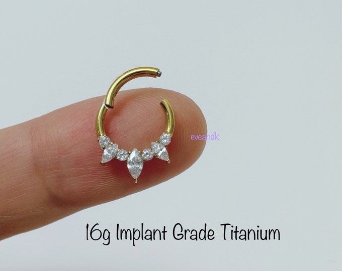 16g 8mm/10mm Marquise CZ Crown Implant Grade Titanium Hinged Segment Hoop, Septum, Daith clicker