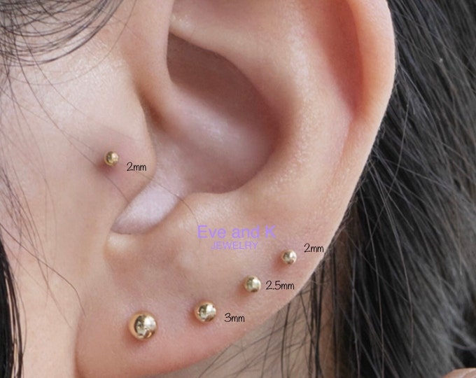 18g 14k Solid Gold Tiny Ball Internally Threaded Labret Piercing (Single), 2mm/2.5mm/3mm 14k Solid Gold Piercing Tragus, Mid Cartilage Helix