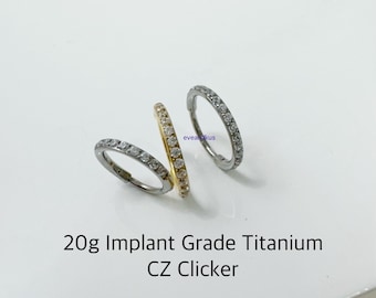 20g CZ Clicker Implant Grade Titanium, CZ Paved Hinged Clicker Hoop, Eternity Clicker, Seamless Hinged Clicker, Cartilage Conch