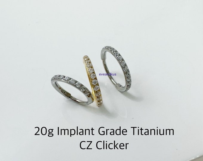20g CZ Titanium Hoop, CZ Paved Hinged Clicker Hoop, Eternity Clicker, Seamless Hinged Clicker, Cartilage Conch