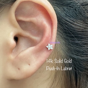 18g 16g 14k Solid Gold CZ Flower Push-In Labret Piercing (Single), 14k Solid Gold Piercing Tragus, Mid Cartilage, Helix, Nose