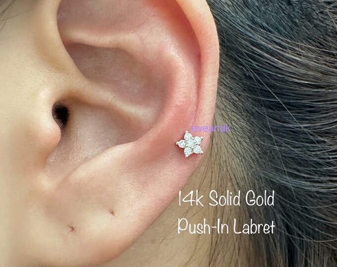 18g 16g 14k Solid Gold CZ Flower Push-In Labret Piercing (Single), 14k Solid Gold Piercing Tragus, Mid Cartilage, Helix, Nose