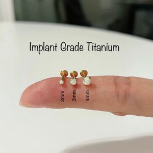 16g White Opal Gold(Single) 2mm/3mm/4mm Internally Threaded Labret/Monroe with White Opal, Titanium 6AL-4V-ELI-ASTM-F136