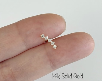 14k Solid Gold Dainty Curved Bar Five CZ Labret Piercing(Single), 14k Solid Gold Internally Threaded labret Cartilage, Tragus, Helix