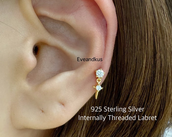 18g Dainty CZ with Spike Dangle Internally Threaded Labret, 925 Sterling Silver Cartilage, Tragus, Helix piercing