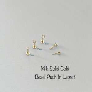 18g 16g 14k Solid Gold High Quality CZ Push In Bezel Setting Labret, 2mm 2.5mm 3mm Conch Nose Helix Cartilage Tragus