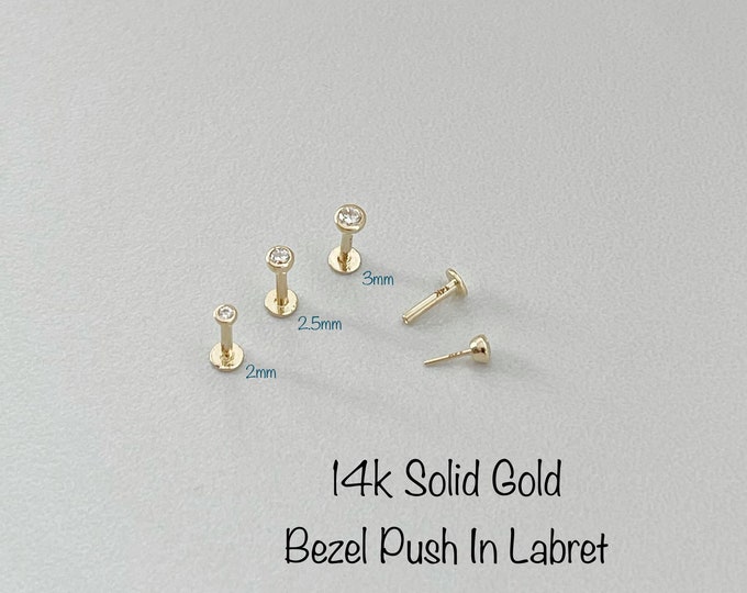 18g 16g 14k Solid Gold High Quality CZ Push In Bezel Setting Labret, 2mm 2.5mm 3mm Conch Nose Helix Cartilage Tragus