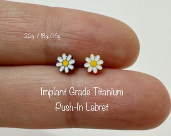 20g 18g 16g Dainty Daisy Push In Titanium Labret, Implant Grade Titanium Cartilage, Tragus, Helix, Conch threadless piercing