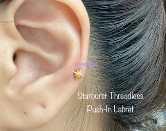20g 18g 16g Starburst Threadless Push-In Labret, Dainty Celestial Piercing for Cartilage, Helix, Tragus Piercing