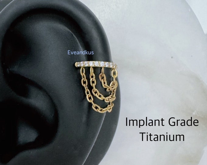 16g CZ and Triple Chain Dangle ASTM F-136 Implant Grade Titanium Clicker, Conch, Cartilage Helix clicker