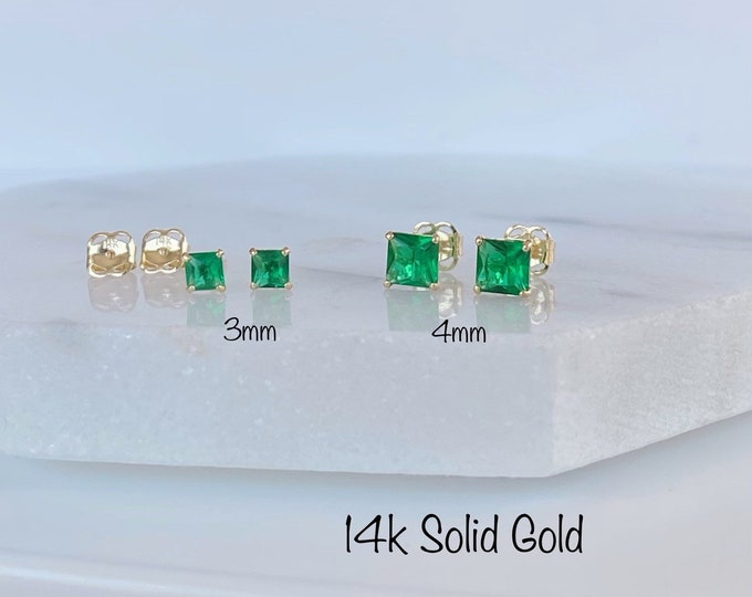 14K Solid Gold Emerald CZ Princess Cut Stud Earrings(PAIR), 3mm/4mm - 14K Solid Gold Stud Earrings, May Birthstone Earrings