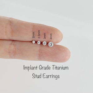 Pair of Implant Grade Titanium CZ stud earrings, 2mm 2.5mm 3mm 4mm 5mm prog setting cubic zirconia earrings, Minimalist earrings