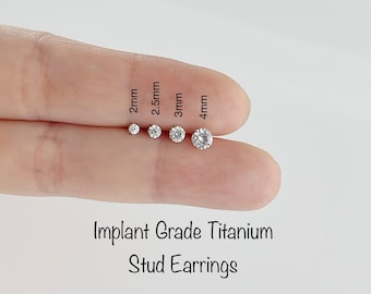 Pair of Implant Grade Titanium CZ stud earrings, 2mm 2.5mm 3mm 4mm 5mm prong setting cubic zirconia earrings, Minimalist earrings