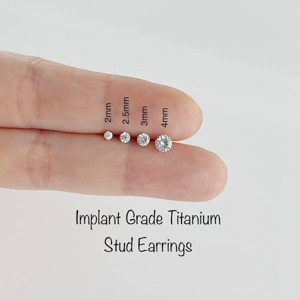 Pair of Implant Grade Titanium CZ stud earrings, 2mm 2.5mm 3mm 4mm 5mm prog setting cubic zirconia earrings, Minimalist earrings