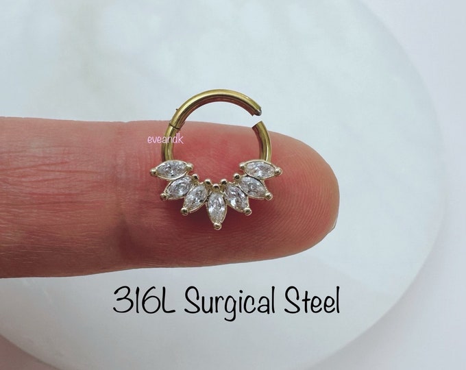 16g 8mm 7 CZ Marquises 316L Surgical Steel Clicker, Forward Facing 7 Oval Cz Leaves, Daith, Septum Hoop