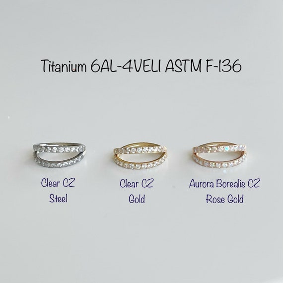 Implant Grade Titanium Rose Gold PVD Double Hoop White CZ Pave Hinged Clicker Implant Grade Titanium Rose Gold PVD Double Hoop White CZ Pave Hinged Clicker