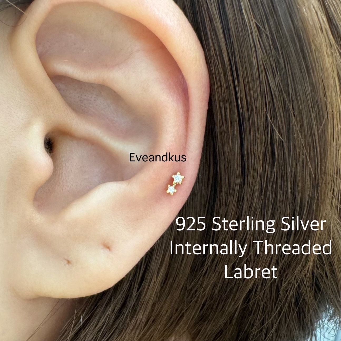 18g Teeny Tiny Two Stars Internally Threaded Labret, 925 Sterling