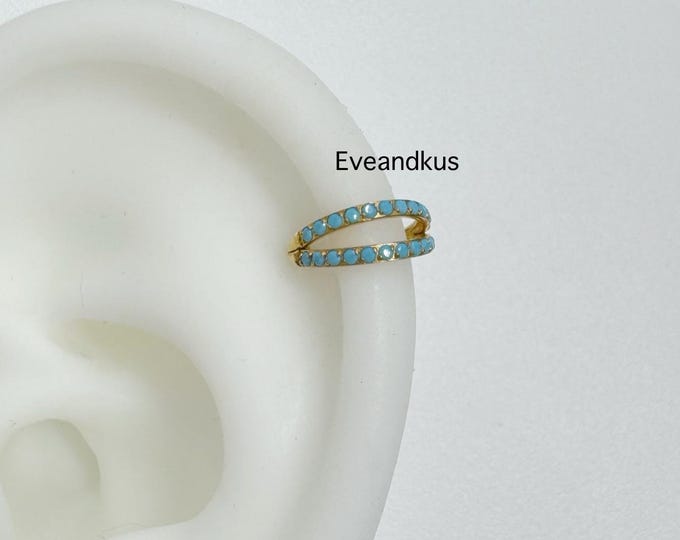 16g Double Lined Turquoise CZ Hoop, Implant Grade Titanium Clicker, ASTM F-136 Titanium Segment Ring, Helix Hoop, Conch