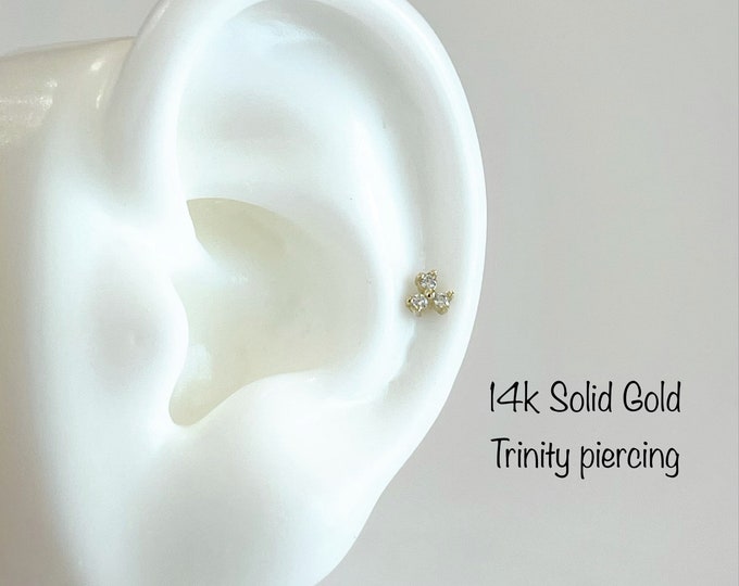 20g 14k Solid Gold Trinity Piercing (Single), Dainty Clover Gold butterfly Cartilage, Mid Cartilage, Helix piercing