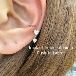 20g 18g 16g Herz CZ Dangle Push In Titan Labret, ASTM F136 Implant Grade Titanium Nickelfrei Hypoallergen
