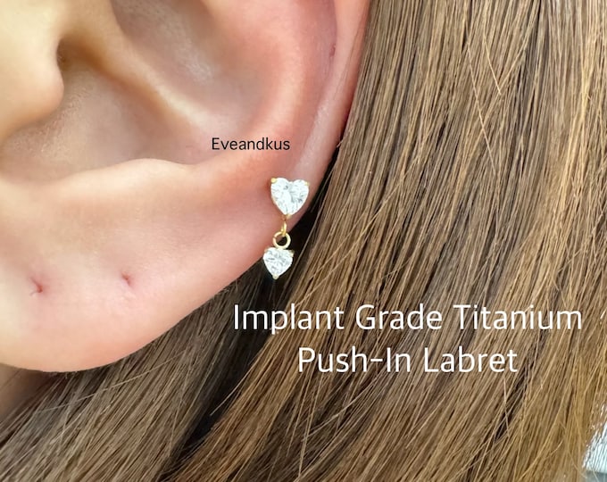 20g 18g 16g Heart CZ Dangle Push In Titanium Labret, ASTM F136 Implant Grade Titanium Nickel Free Hypoallergenic