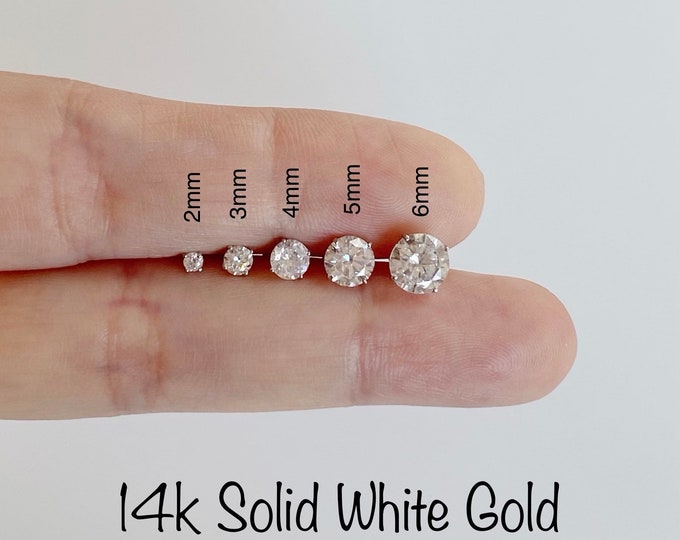14K Solid White Gold CZ Stud Earrings: 2mm-8mm Sizes