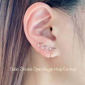 Tiny CZ Open Huggie Hoop Earring (Single or Pair) 92.5 Sterling Silver 2mm CZ Stud Earring, Hypoallergenic Nickel Free Minimalist