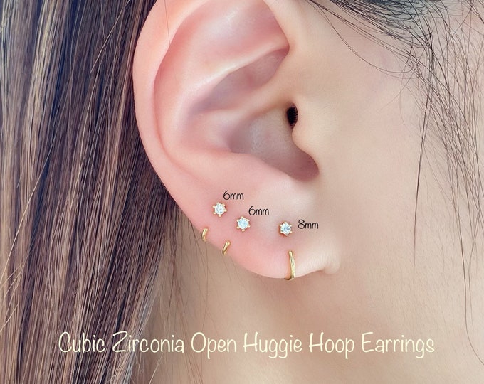 Tiny CZ Open Huggie Hoop Earring (Single or Pair) 92.5 Sterling Silver 2mm CZ Stud Earring, Hypoallergenic Nickel Free Minimalist