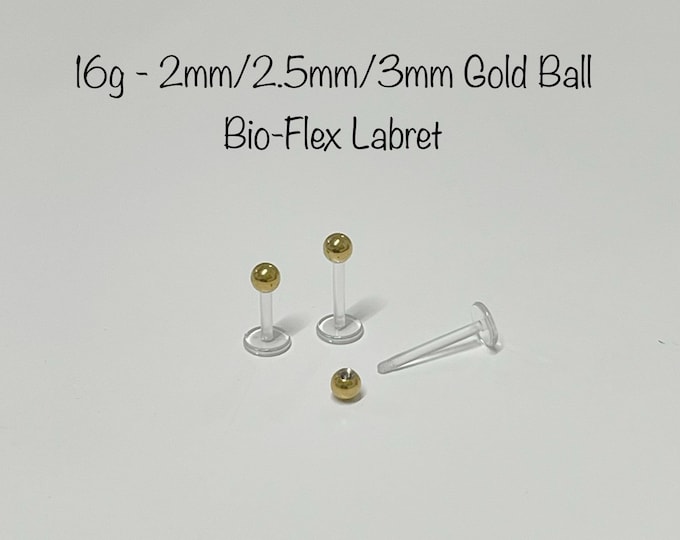 16g Gold Ball in Bio-Flex Labret, Clear, bioflex labret cartilage, helix, tragus