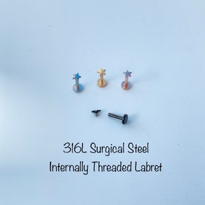 16g Star Solid Piercing Internally Threaded Labret Studs 316L Surgical Steel, Tiny 3mm Star Piercing, Cartilage Helix Nose Tragus