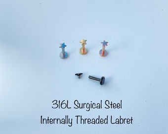 16g Star Solid Piercing Internally Threaded Labret Studs 316L Surgical Steel, Tiny 3mm Star Piercing, Cartilage Helix Nose Tragus