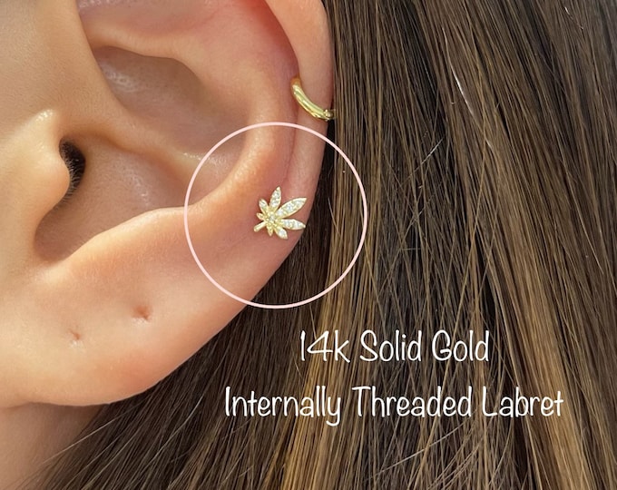 18g 14k Solid Gold CZ Cannabis Internally Threaded Labret Piercing (Single), 14k Solid Gold Piercing Tragus, Mid Cartilage, Helix, Conch