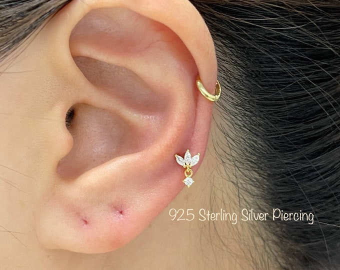 Three Marquises with CZ Dangle piercing (Single), 925 Sterling Silver CZ Marquise Crown with CZ Dangle cartilage helix tragus piercing
